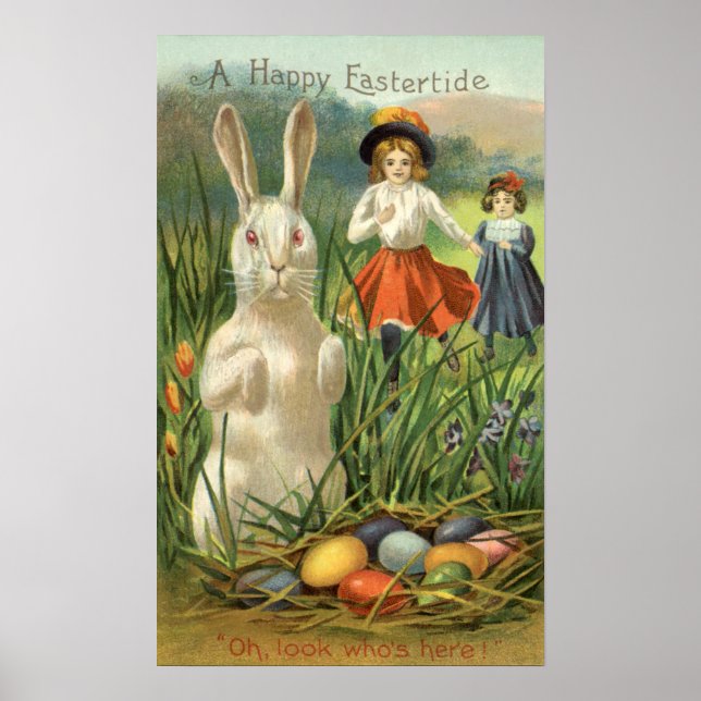 Happy Eastertide Vintage Easter Bunny and Children Poster (Front)