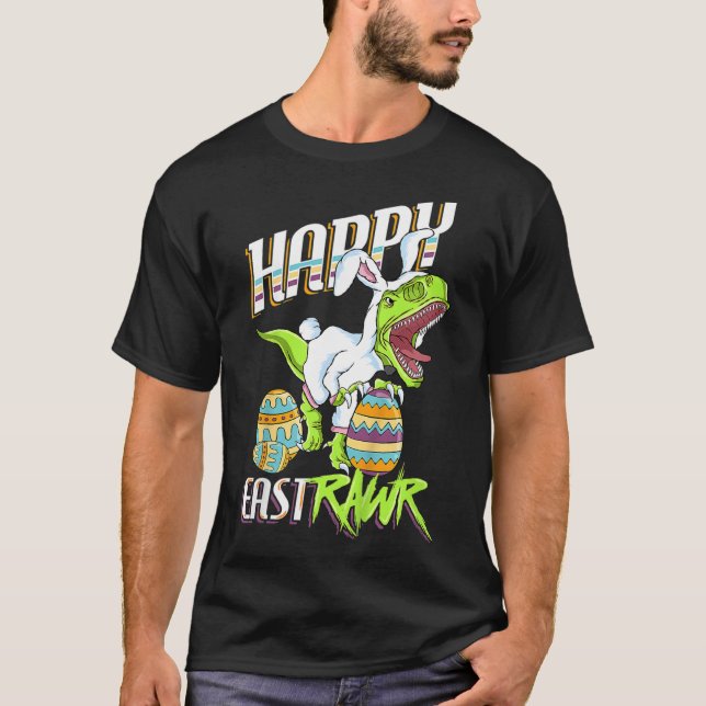 Happy Eastrawr Cute Trex Dinosaur Easter Bunny Egg T-Shirt (Front)
