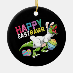Happy Eastrawr T Rex Dinosaur Easter Bunny Egg Ceramic Tree Decoration
