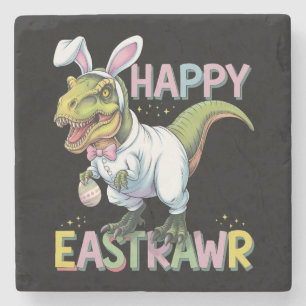 Happy Eastrawr T Rex Easter Dinosaur Bunny Egg Stone Coaster