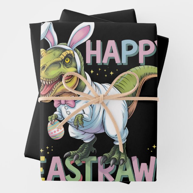 Happy Eastrawr T Rex Easter Dinosaur Bunny Egg Wrapping Paper Sheet (In situ)