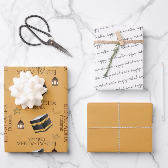 Happy Eid al-Adha Mubarak Kids Yellow Kabah Quote Wrapping Paper Sheet (Front)