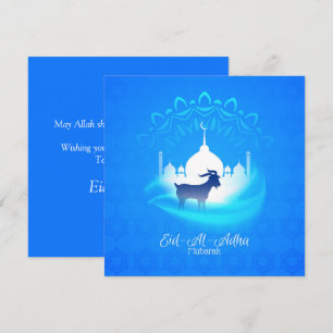 Happy Eid Al Adha Mubarak White Blue Goat Islamic Holiday Card