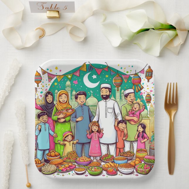 Happy Eid Family Funny Celebrating Design Paper Plate (Wedding)