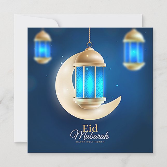 Happy Eid Gold Crescent Islamic Lantern Blue  Holiday Card (Front)