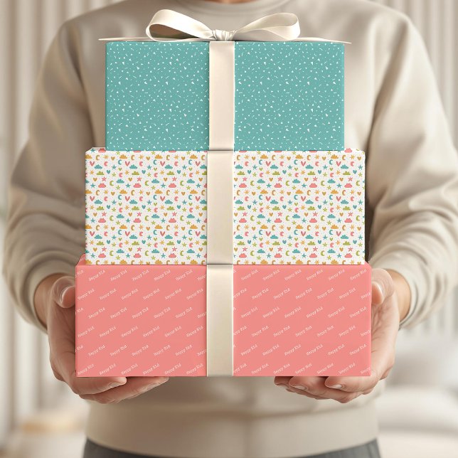 Happy Eid Kids Blue Pink Moon Star Pattern Quote Wrapping Paper Sheet (Creator Uploaded)