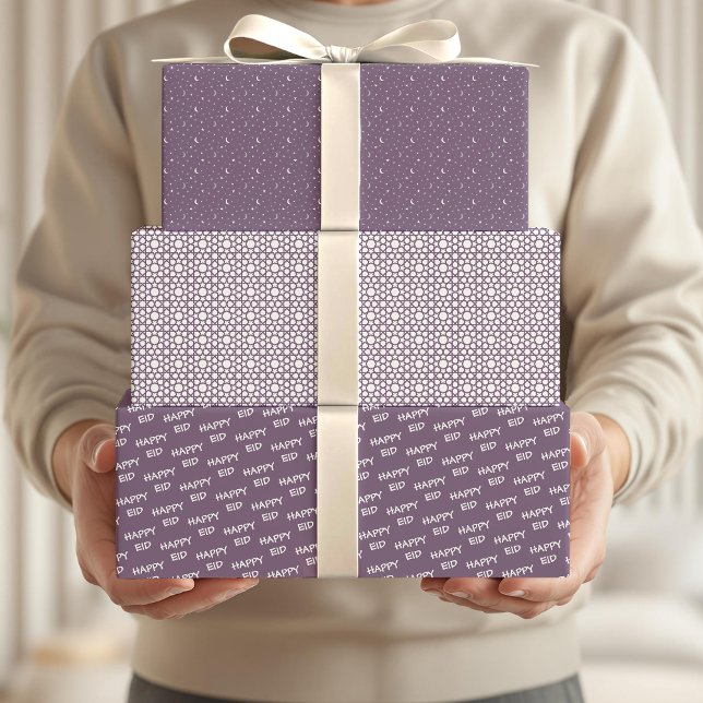 Happy Eid Kids Purple Moon Star Pattern Quote Wrapping Paper Sheet (Creator Uploaded)