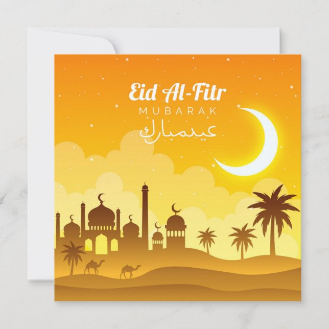 Happy Eid Mubarak Crescent Mosque Camel Yellow Holiday Card (Front)