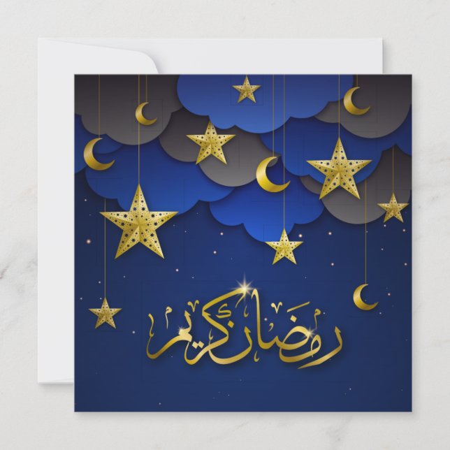 Happy Eid Mubarak Crescent Stars Gold Blue Holiday Card (Front)