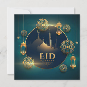 Happy Eid Mubarak Crescent Stars Islamic Lantern Holiday Card