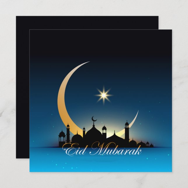 Happy Eid Mubarak Cresent Star Mosque black Blue  Holiday Card (Front/Back)