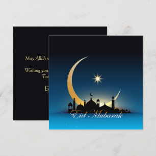 Happy Eid Mubarak Cresent Star Mosque black Blue  Holiday Card
