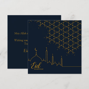 Happy Eid Mubarak Cresent Star Mosque Gold Blue  Holiday Card