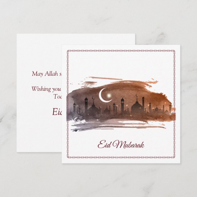 Happy Eid Mubarak Cresent Star Mosque Watercolor  Holiday Card (Front/Back)