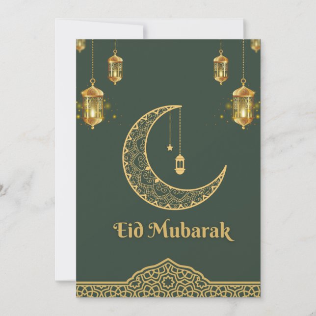 Happy Eid Mubarak Dark Green and Golden Crescent  Holiday Card (Front)
