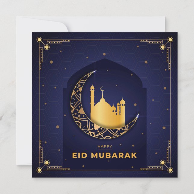 Happy Eid Mubarak Gold Crescent Star Mosque Blue  Holiday Card (Front)