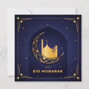 Happy Eid Mubarak Gold Crescent Star Mosque Blue  Holiday Card