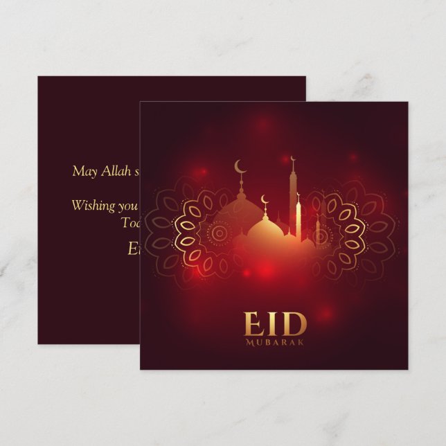 Happy Eid Mubarak Golden Crescent Mosque Red Holiday Card (Front/Back)