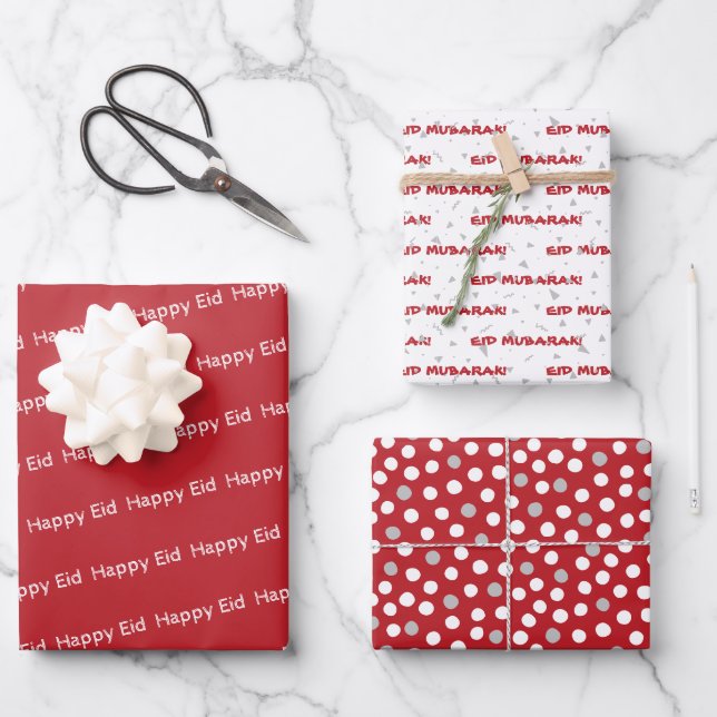 Happy Eid Mubarak Kids Red Dot Pattern Quote White Wrapping Paper Sheet (Front)
