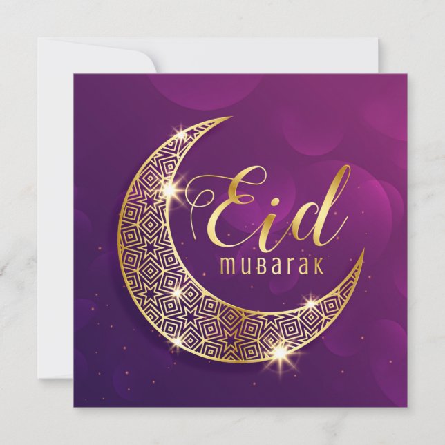 Happy Eid Mubarak Purple and Golden Crescent Holiday Card (Front)