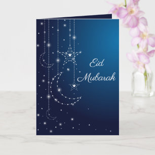 Happy Eid Mubarak Sparkling White Moon Stars Blue Card
