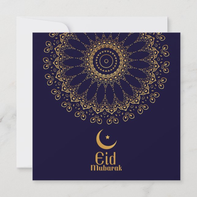Happy Eid Mubarak Stars Crescent Gold Blue  Holiday Card (Front)