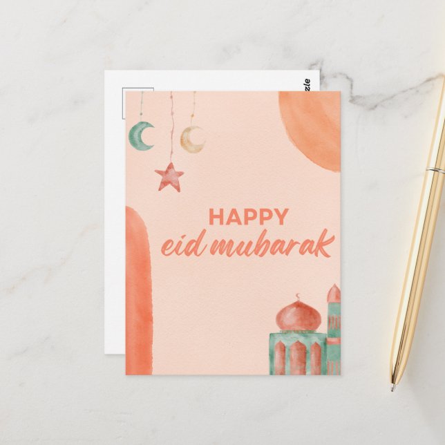 Happy Eid Mubarak Watercolor Mosque Postcard (Front/Back In Situ)