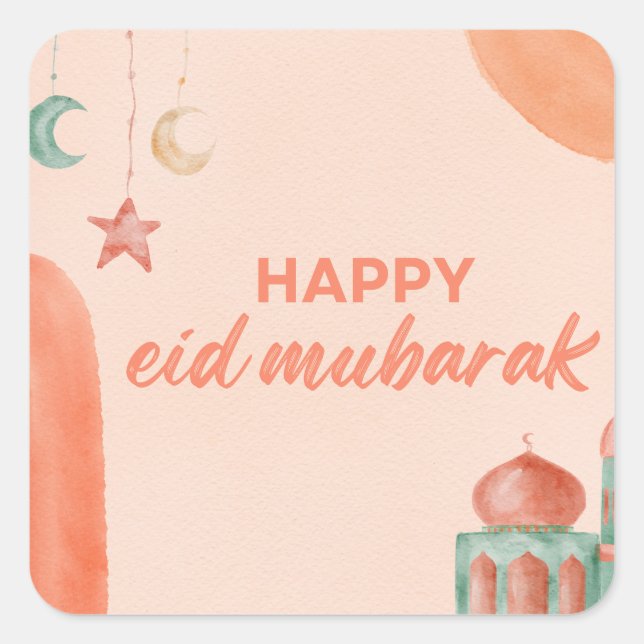 Happy Eid Mubarak Watercolor Mosque Square Sticker (Front)