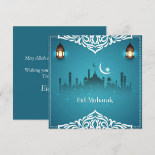 Happy Eid Mubarak White Cresent Star Mosque Blue Holiday Card