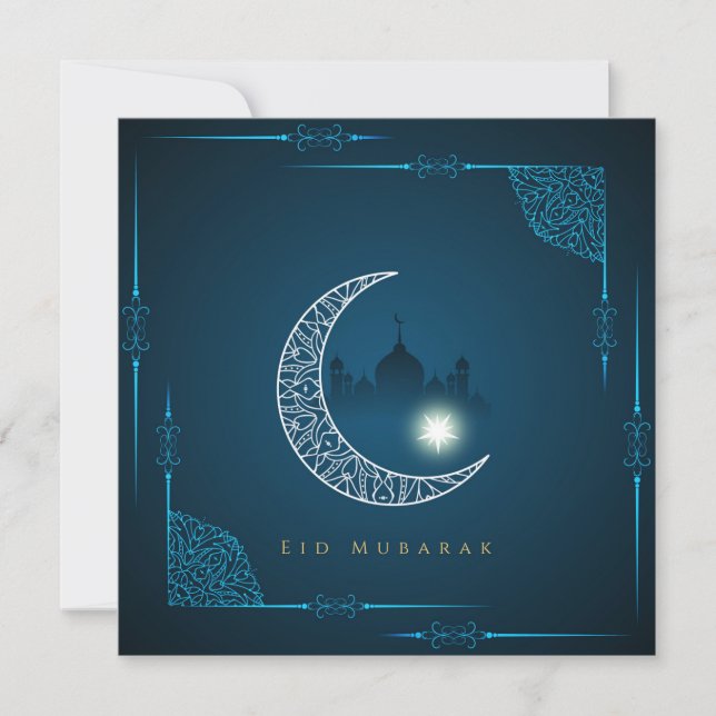 Happy Eid White Crescent Star Mosque Blue  Holiday Card (Front)