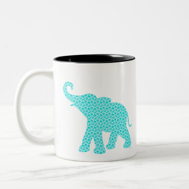 Happy Elephant Art Turquoise Pattern Modern Two-Tone Coffee Mug (Left)