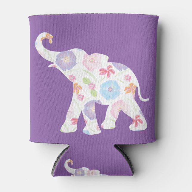 Happy Elephant-Big-Flower Pattern Modern Can Cooler (Front)