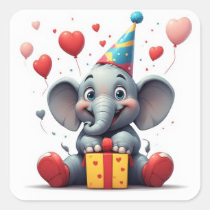 Happy Elephant Birthday With Balloons 🐘 Square Sticker