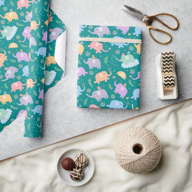 Happy Elephant Garden Party w Umbrellas Flowers Wrapping Paper (Crafts)