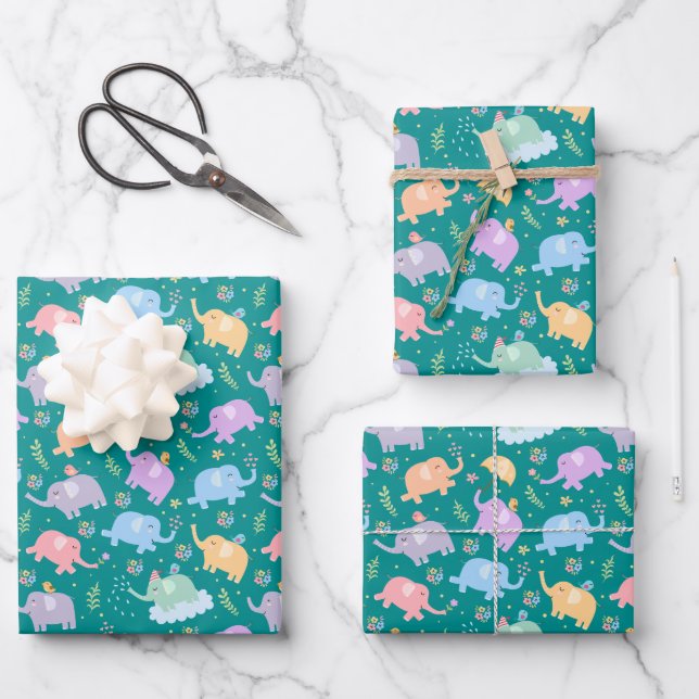 Happy Elephant Garden Party w Umbrellas Flowers Wrapping Paper Sheet (Front)