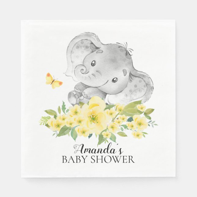 Happy Elephant Neutral Baby Shower Paper Napkins (Front)