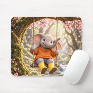 Happy Elephant on Cherry Tree Swing Mouse Mat