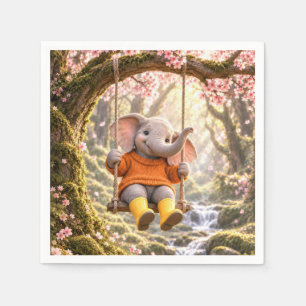 Happy Elephant on Cherry Tree Swing Napkin