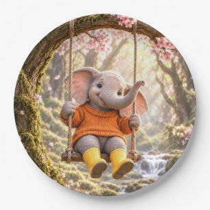 Happy Elephant on Cherry Tree Swing Paper Plate