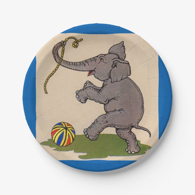 happy elephant playing with rope and ball paper plate (Front)