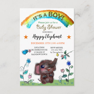 Happy Elephant Rainbow Town Baby Shower Invitation