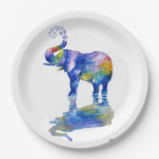 Happy elephant watercolor painting paper plate