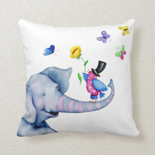 Happy Elephant With Birds And Butterflies Cushion