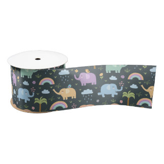 Happy Elephants Birds Night Sky Clouds Rainbows Satin Ribbon
