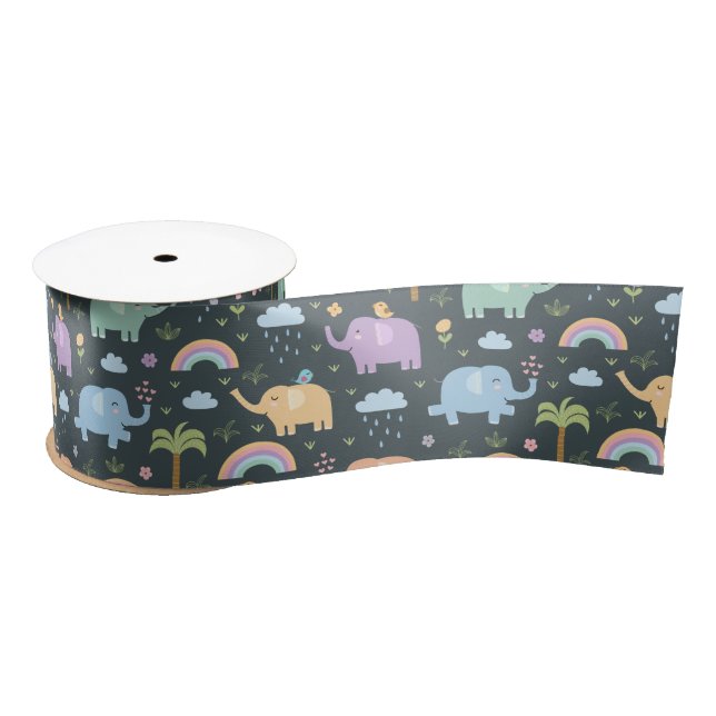 Happy Elephants Birds Night Sky Clouds Rainbows Satin Ribbon (Spool)