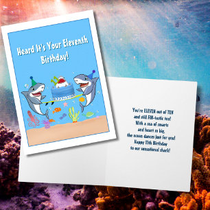 Happy Eleventh Birthday Sharks with Cake card