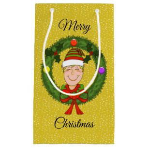 Happy Elf in Wreath with Snow Christmas Gift Bag