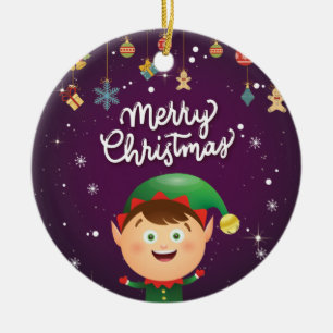 Happy Elf, Purple Merry Christmas Ceramic Tree Decoration