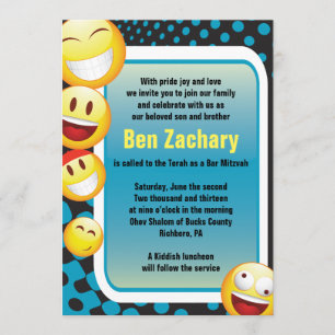 HAPPY EMOJI Bar Bat Mitzvah Invitation-in blue Invitation