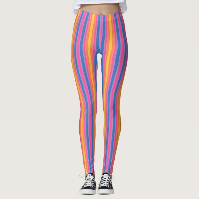 Happy Energy Pink Blue Yellow Slimming Stripes Leggings (Front)